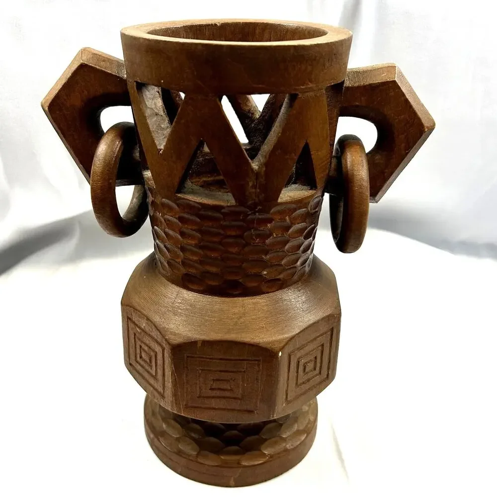 SKU2708 Rare Vintage Hand Carved Wood Water Urn Vase Handmade Loops Handle Art